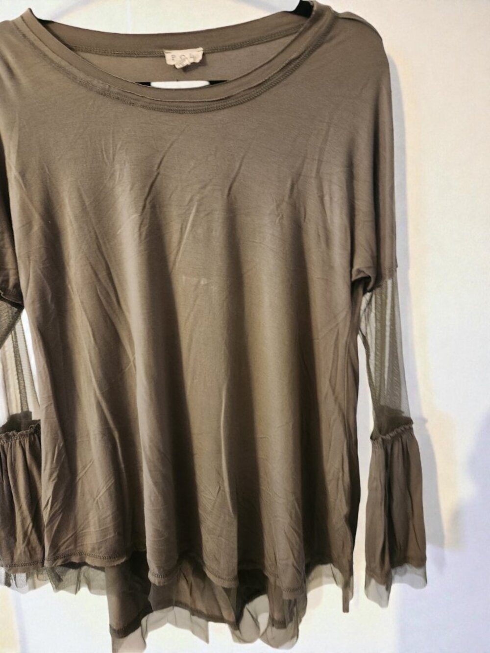 🤎 POL Distressed Boho Top S | Mesh Sleeve Bell Top Raw Hem 🤎 - Picture 5 of 11